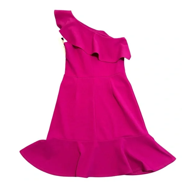 NWT AQUA• Pink Scuba Ruffled One-Shoulder Flounce Sheath Dress XS NEW $88 - Picture 2 of 9
